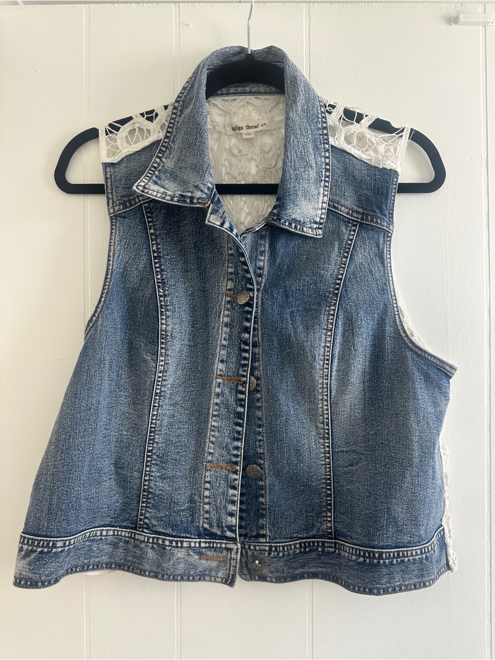 Denim Vest with Lace Shoulder Insets - Blue